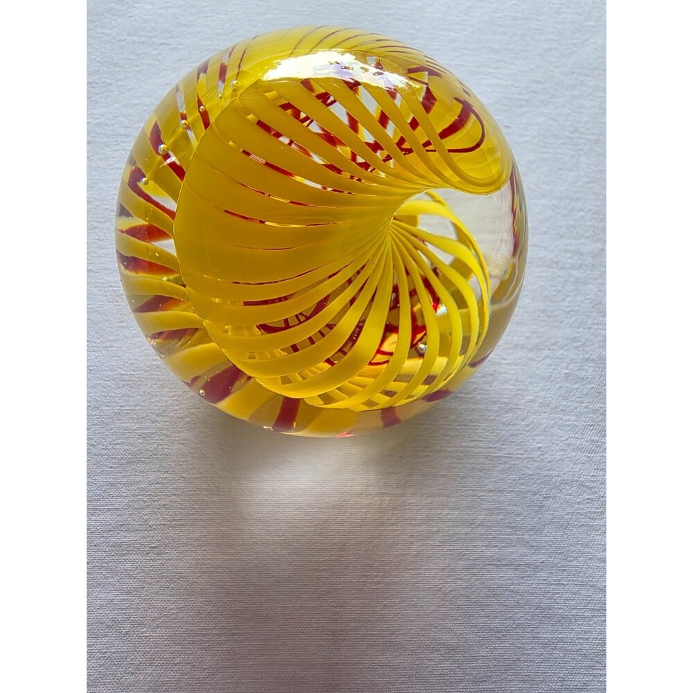 Karg Signed Art Glass Paperweight Yellow Red Spiral Ribbon Studio Glass